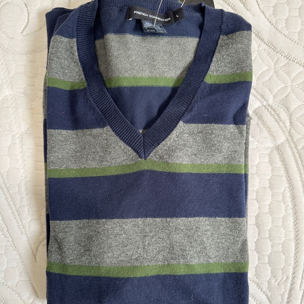 Men’s NWT French Connection Blue Grey V Neck Sweater Size L